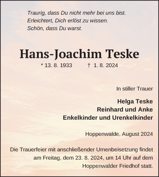 Traueranzeige von Hans-Joachim Teske von Nordkurier Haff-Zeitung