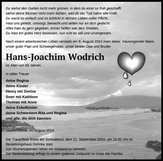 Traueranzeige von Hans-Joachim Wodrich von Nordkurier Haff-Zeitung