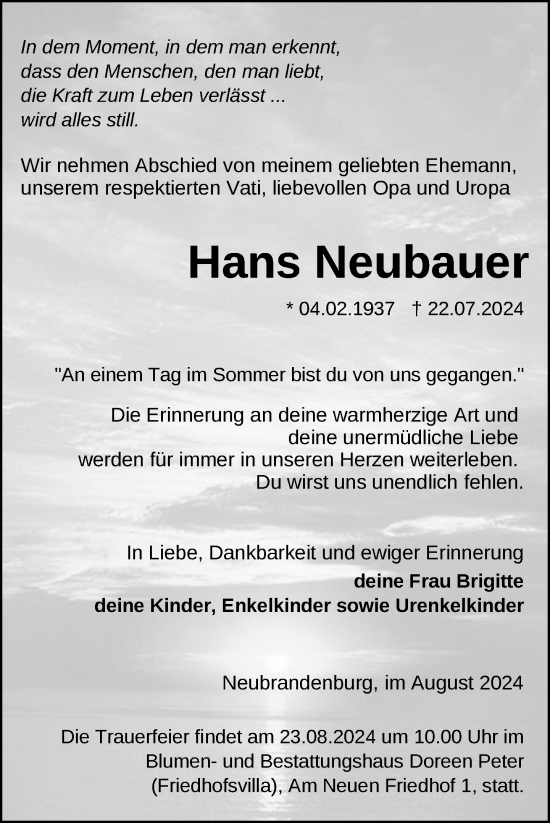 Traueranzeige von Hans Neubauer von Nordkurier Neubrandenburger Zeitung