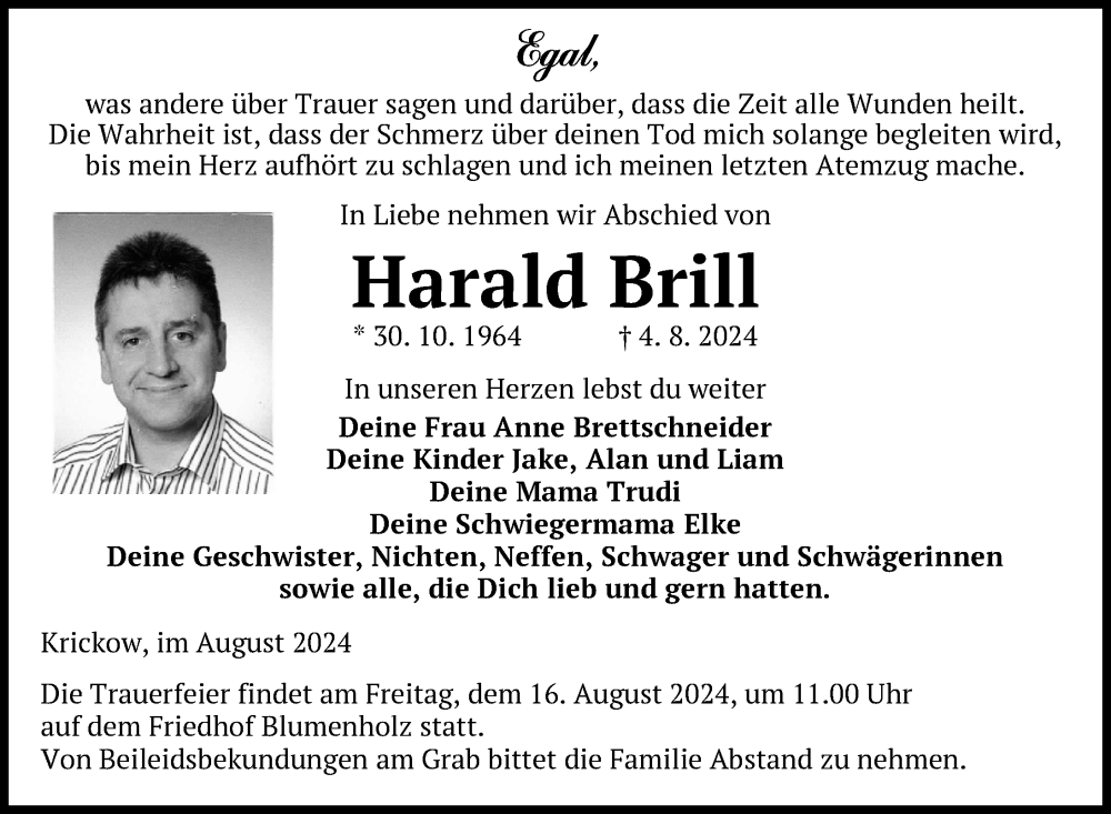  Traueranzeige für Harald Brill vom 13.08.2024 aus Nordkurier Strelitzer Zeitung