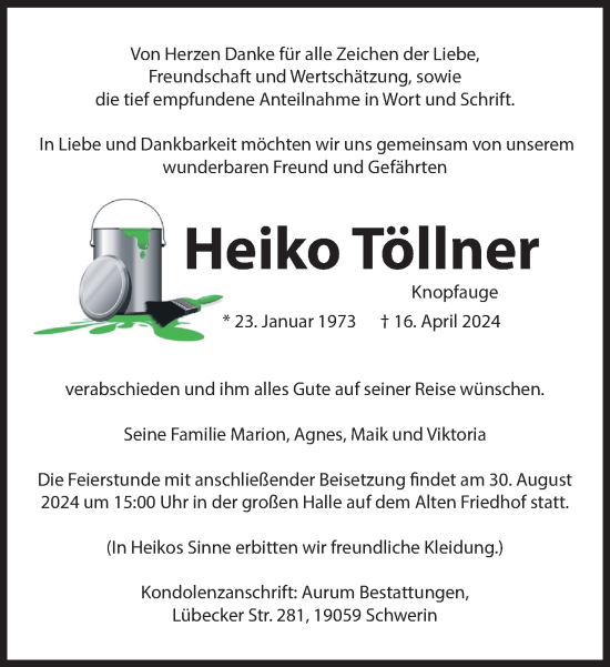 Traueranzeige von Heiko Töllner von Zeitung für die Landeshauptstadt