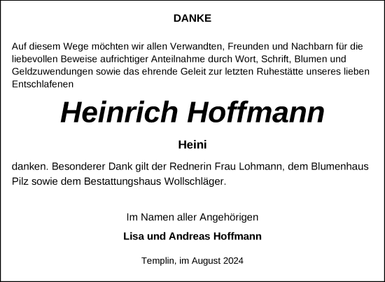 Traueranzeige von Heinrich Hoffmann von Uckermark Kurier Templiner Zeitung