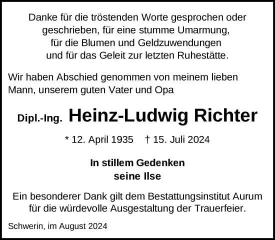 Traueranzeige von Heinz-Ludwig Richter von Zeitung für die Landeshauptstadt