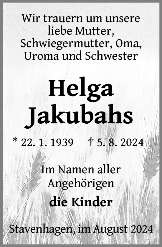 Traueranzeige von Helga Jakubahs von Nordkurier Mecklenburger Schweiz