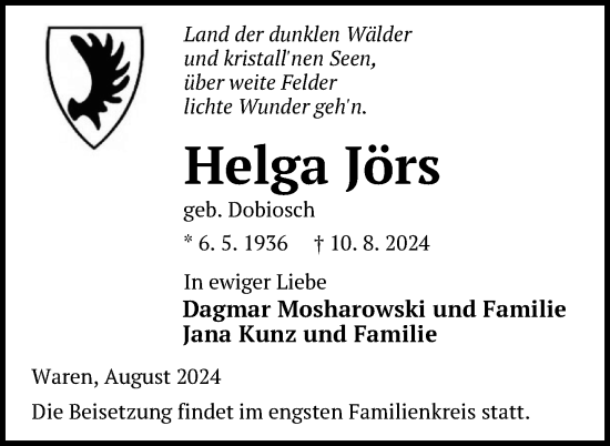 Traueranzeige von Helga Jörs von Nordkurier Müritz-Zeitung