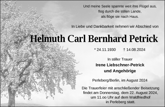 Traueranzeige von Helmuth Carl Bernhard Petrick von Der Prignitzer, Prignitz Express