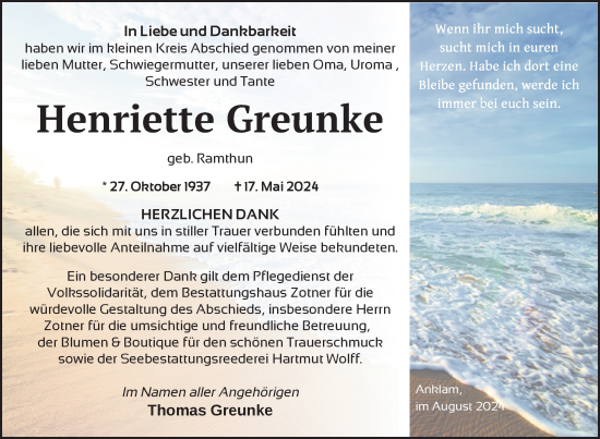 Traueranzeige von Henriette Greunke von Nordkurier Vorpommern Kurier