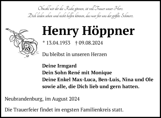 Traueranzeige von Henry Höppner von Nordkurier Neubrandenburger Zeitung