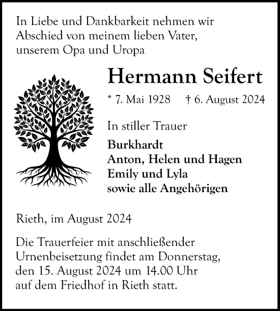 Traueranzeige von Hermann Seifert von Nordkurier Haff-Zeitung