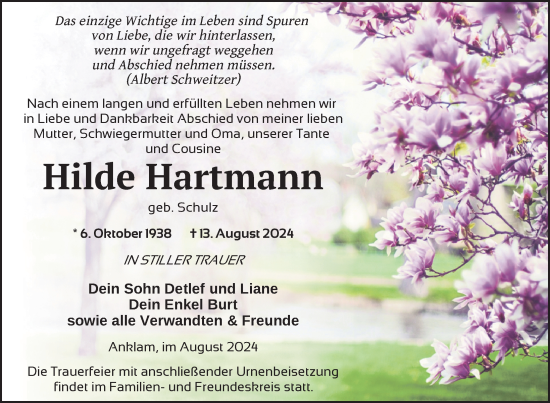 Traueranzeige von Hilde Hartmann von Nordkurier Vorpommern Kurier