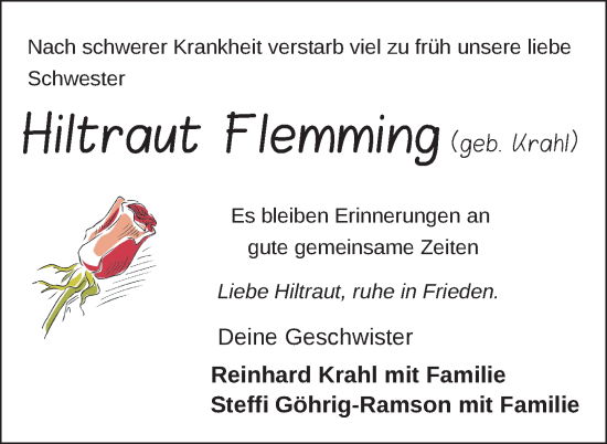 Traueranzeige von Hiltraut Flemming von Nordkurier Pasewalker Zeitung