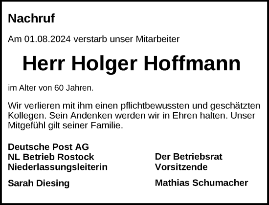 Traueranzeige von Holger Hoffmann von Zeitung für die Landeshauptstadt