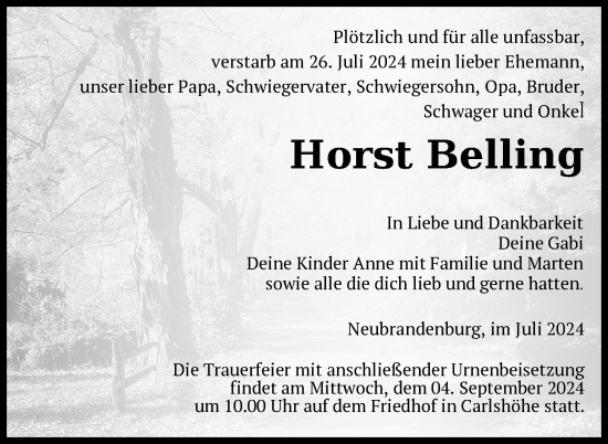 Traueranzeige von Horst Belling von Nordkurier Neubrandenburger Zeitung