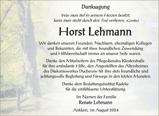 Traueranzeige von Horst Lehmann von Nordkurier Vorpommern Kurier