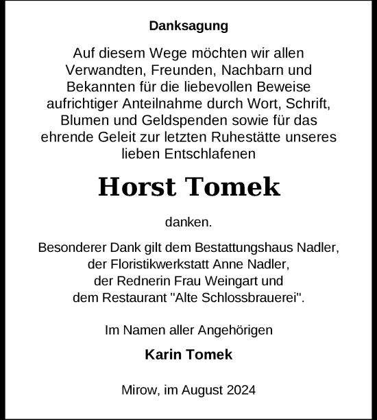 Traueranzeige von Horst Tomek von Nordkurier Strelitzer Zeitung