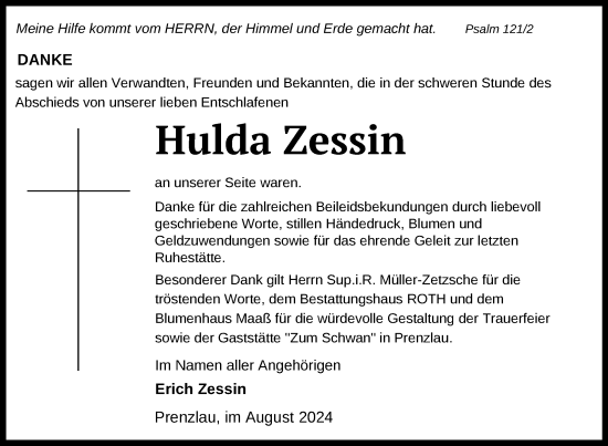 Traueranzeige von Hulda Zessin von Uckermark Kurier Prenzlauer Zeitung