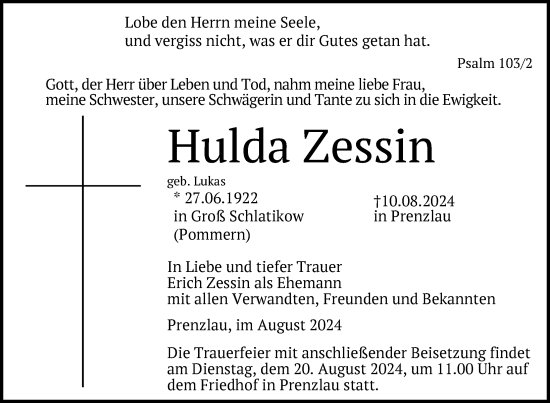 Traueranzeige von Hulda Zessin von Uckermark Kurier Prenzlauer Zeitung