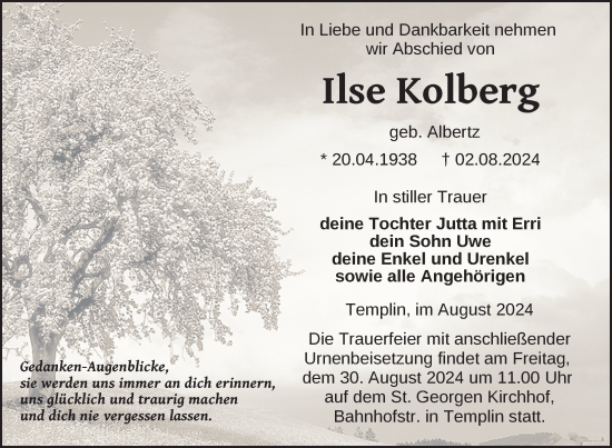 Traueranzeige von Ilse Kolberg von Uckermark Kurier Templiner Zeitung