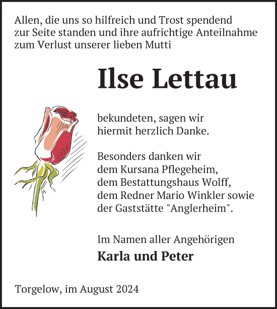 Traueranzeige von Ilse Lettau von Nordkurier Haff-Zeitung