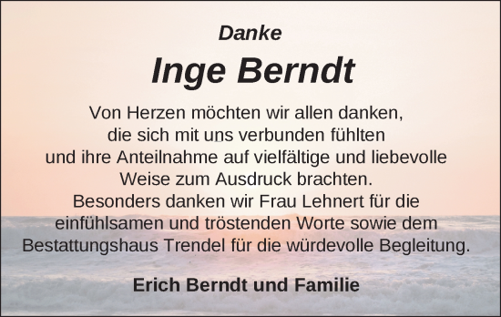 Traueranzeige von Inge Berndt von Zeitung für die Landeshauptstadt