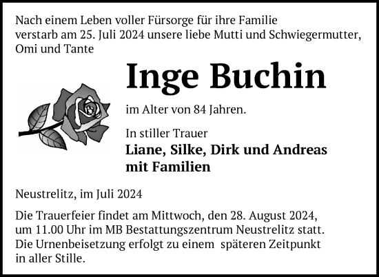 Traueranzeige von Inge Buchin von Nordkurier Strelitzer Zeitung