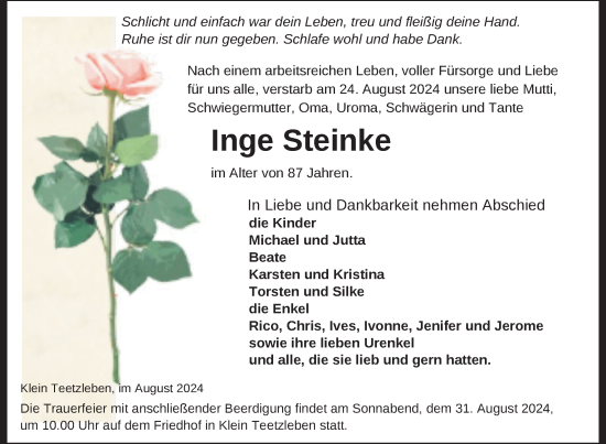 Traueranzeige von Inge Steinke von Nordkurier Neubrandenburger Zeitung