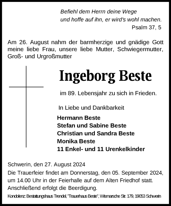 Traueranzeige von Ingeborg Beste von Zeitung für die Landeshauptstadt