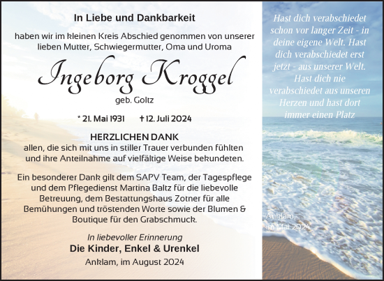 Traueranzeige von Ingeborg Kroggel von Nordkurier Vorpommern Kurier