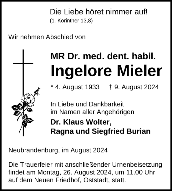 Traueranzeige von Ingelore Mieler von Nordkurier Neubrandenburger Zeitung