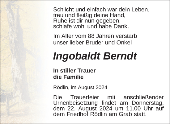 Traueranzeige von Ingobaldt Berndt von Nordkurier Strelitzer Zeitung