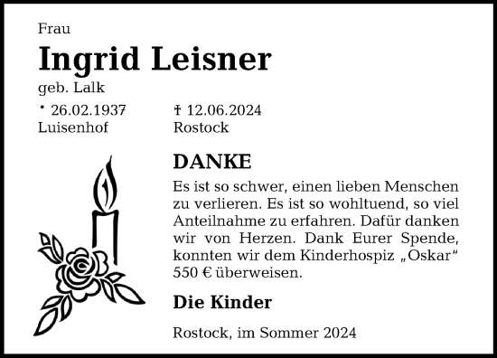 Traueranzeige von Ingrid Leisner von Norddeutsche Neueste Nachrichten