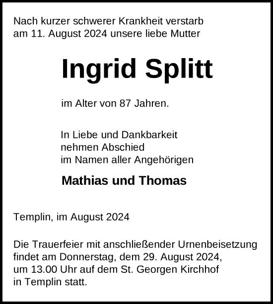 Traueranzeige von Ingrid Splitt von Uckermark Kurier Templiner Zeitung