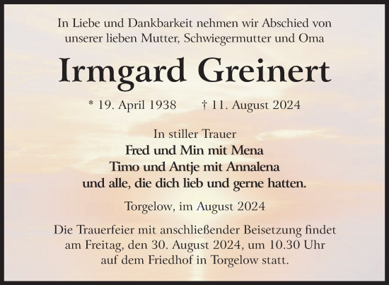 Traueranzeige von Irmgard Greinert von Nordkurier Haff-Zeitung