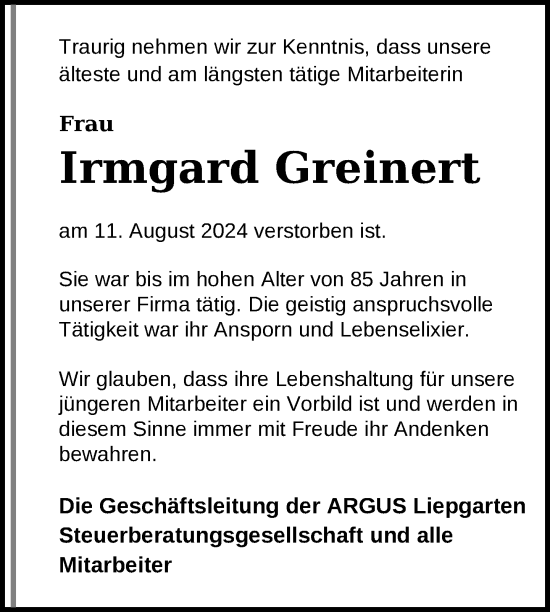 Traueranzeige von Irmgard Greinert von Nordkurier Pasewalker Zeitung