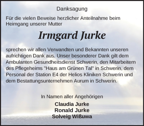 Traueranzeige von Irmgard Jurke von Zeitung für die Landeshauptstadt