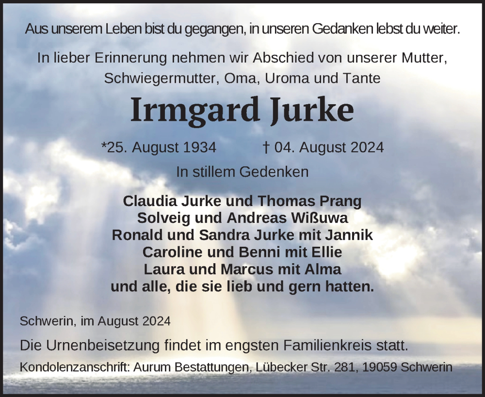  Traueranzeige für Irmgard Jurke vom 17.08.2024 aus Zeitung für die Landeshauptstadt