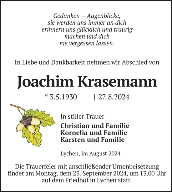 Traueranzeige von Joachim Krasemann von Uckermark Kurier Templiner Zeitung