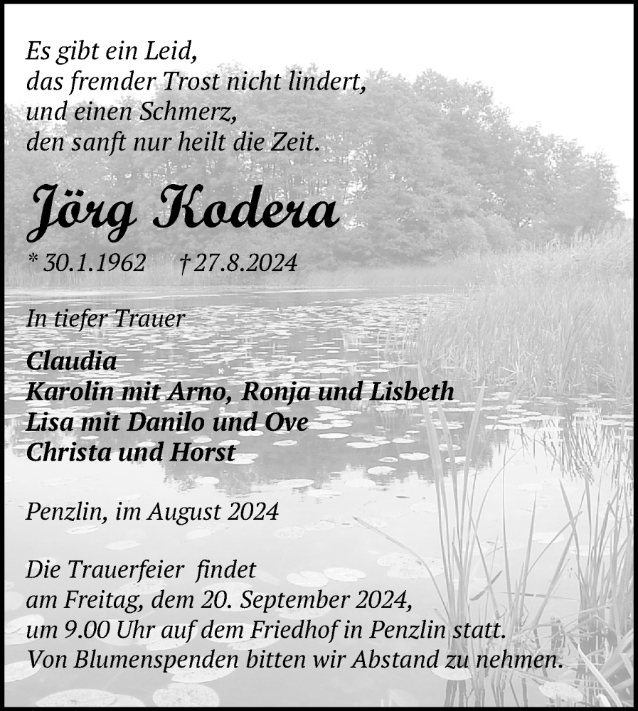  Traueranzeige für Jörg Kodera vom 30.08.2024 aus Nordkurier Müritz-Zeitung