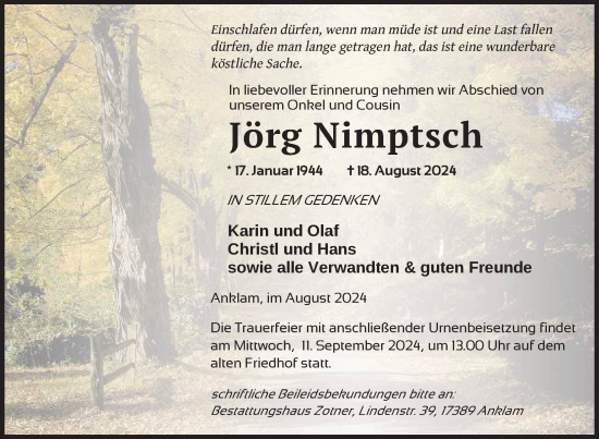 Traueranzeige von Jörg Nimptsch von Nordkurier Vorpommern Kurier