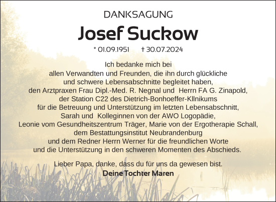 Traueranzeige von Josef Suckow von Nordkurier Neubrandenburger Zeitung