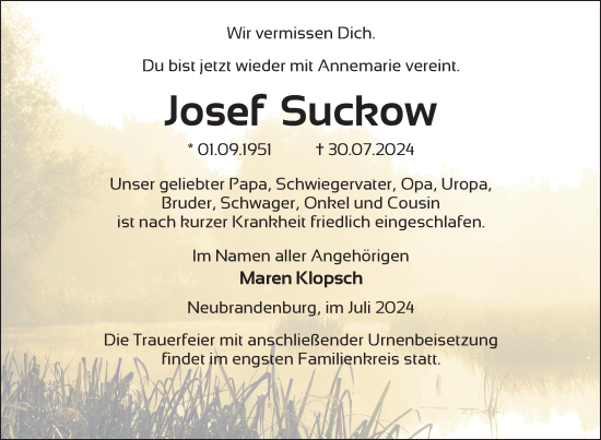 Traueranzeige von Josef Suckow von Nordkurier Neubrandenburger Zeitung