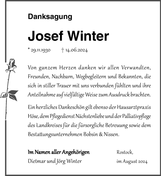 Traueranzeige von Josef Winter von Norddeutsche Neueste Nachrichten