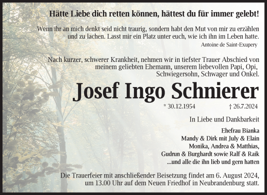 Traueranzeige von Josef Ingo Schnierer von Nordkurier Neubrandenburger Zeitung