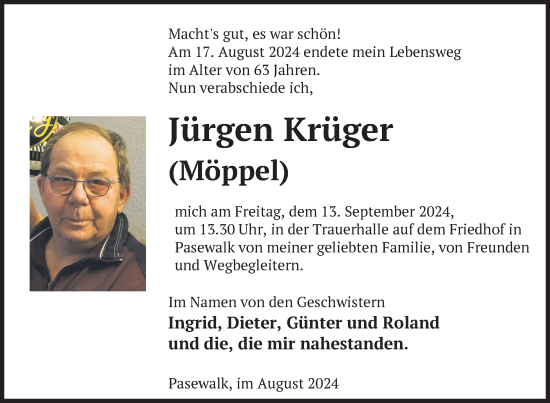 Traueranzeige von Jürgen Krüger von Nordkurier Pasewalker Zeitung