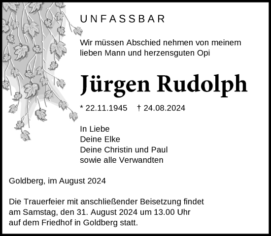 Traueranzeige von Jürgen Rudolph von Parchim und Lübz