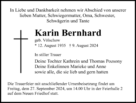 Traueranzeige von Karin Bernhard von Norddeutsche Neueste Nachrichten