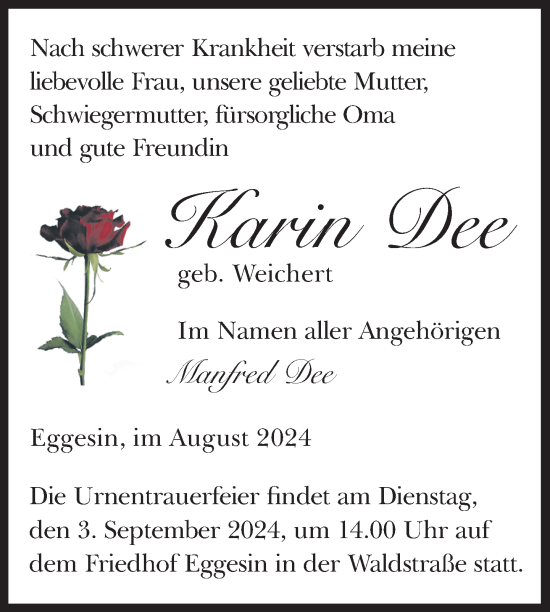 Traueranzeige von Karin Dee von Nordkurier Haff-Zeitung