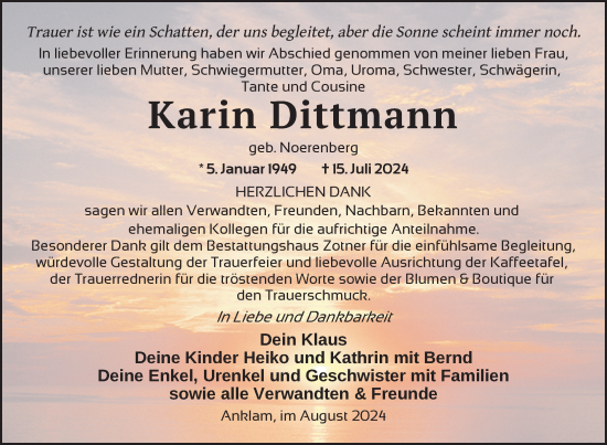 Traueranzeige von Karin Dittmann von Nordkurier Vorpommern Kurier