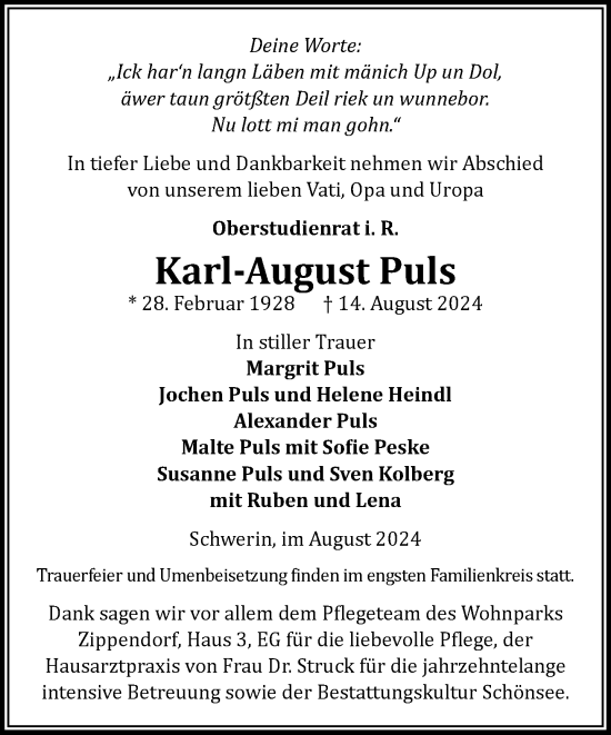 Traueranzeige von Karl-August Puls von Zeitung für die Landeshauptstadt