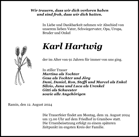 Traueranzeige von Karl Hartwig von Nordkurier Pasewalker Zeitung